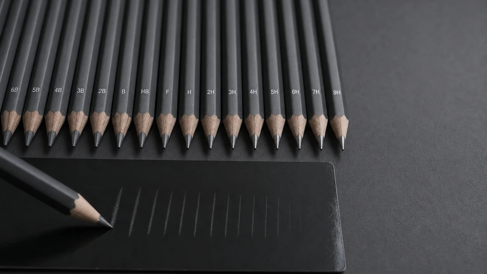 Row of graphite pencils labelled from 6B up to 9H on a dark surface, the sequence ending at 9H with empty space beyond, and one pencil scribing a faint line on a small glossy black test panel