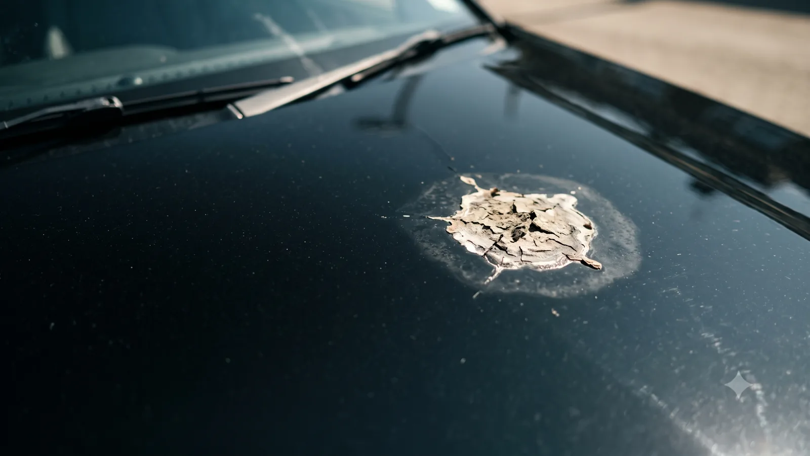 Dried bird dropping splattered across the bonnet of a dark car, with the surrounding paint dulled where it has begun to etch