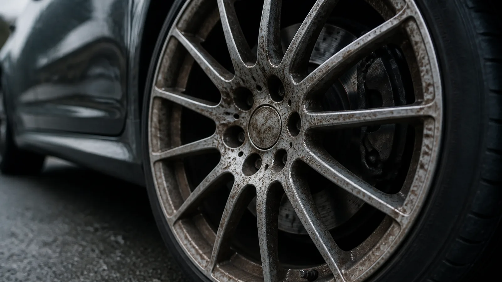 Silver multi-spoke alloy wheel coated in dense rust-brown brake dust, heaviest around the hub and across the inner barrel behind the spokes