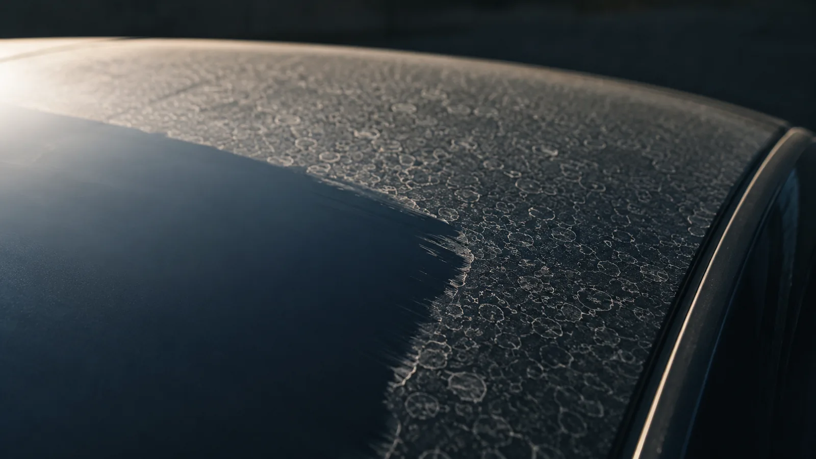 Dark car panel showing flat, spreading water marks rather than tight beads, the pattern left when a coating has stopped repelling water