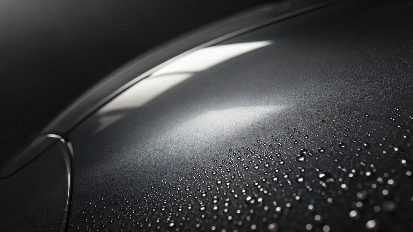 Tight, high-contact-angle water beads standing up across the dark curved wing of a car, with a soft highlight running along the crease