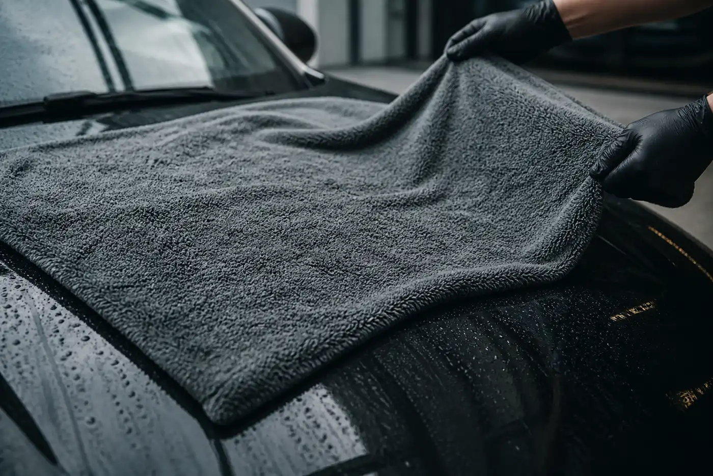 Plush microfibre drying towel laid flat across a wet black car bonnet, gloved hands lifting one edge so water absorbs into the pile