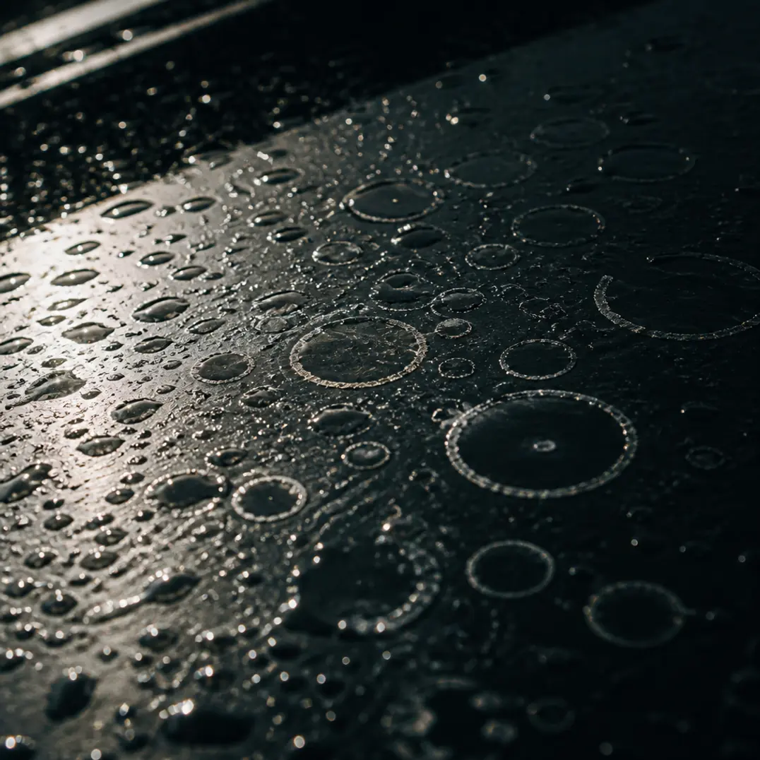 Macro of etched mineral rings in wet black clear coat, still visible through the water film