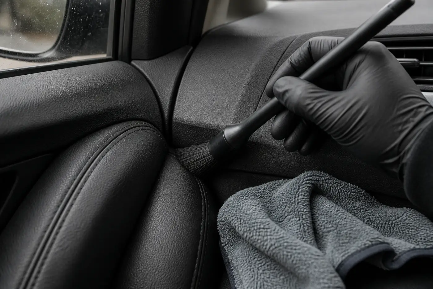 Gloved hand working a soft detailing brush along the seam between a black leather seat bolster and a matte dashboard trim panel, damp microfibre towel resting alongside