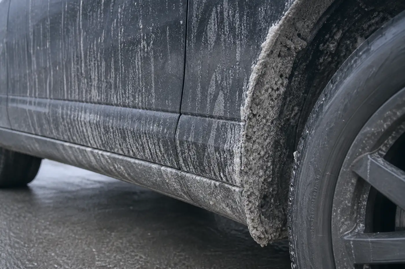 Dark rocker panel and wheel arch caked in grey road salt residue and dried brine streaks on a wet road