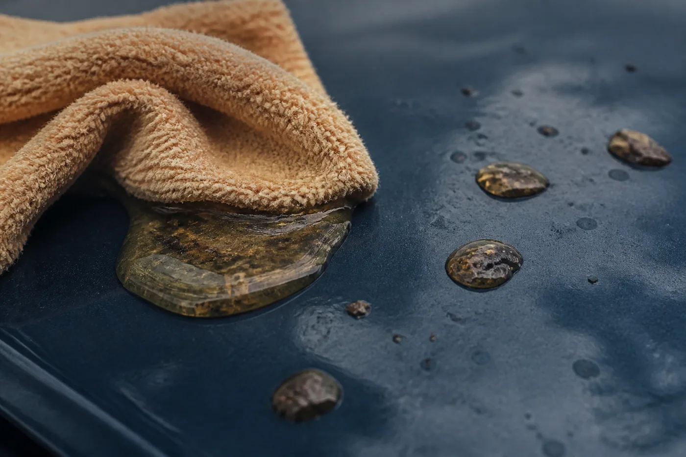 Hardened amber sap droplets on a dark blue roof panel with a solvent-soaked microfibre cloth laid over one of them