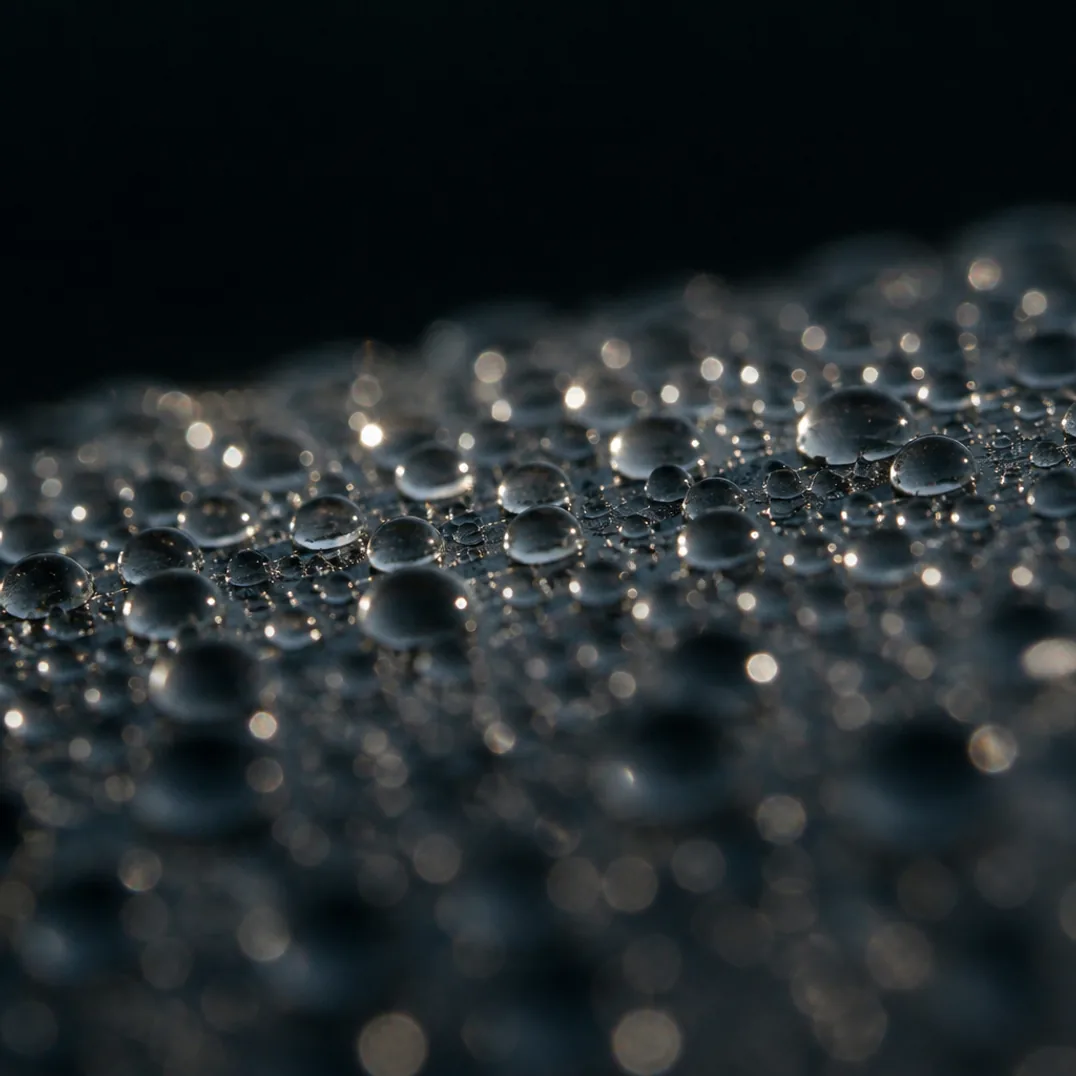 Extreme macro of tall water beads on a freshly coated black panel, each bead acting as a lens with a pinpoint highlight