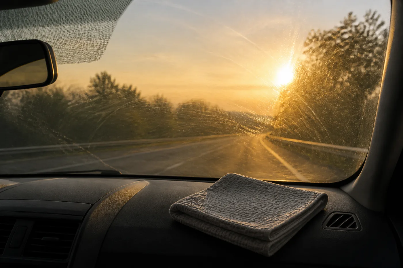 View through a car windscreen into low evening sun, a hazy film and faint streaks scattering the light across the glass