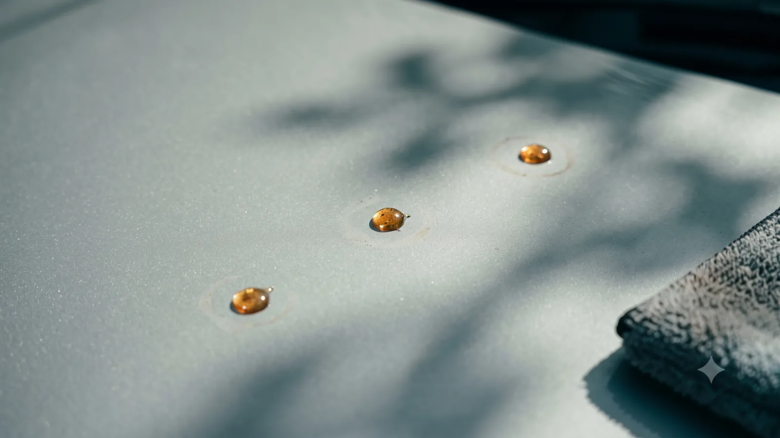 Three beads of hardened amber tree sap on a pale car bonnet, each one sitting proud of the paint surface