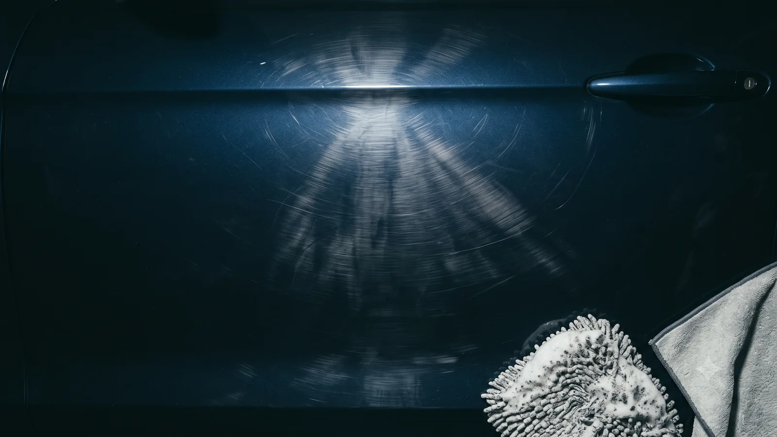 Sunlight raking across dark car paint to reveal a starburst of fine swirl marks, with a wash mitt resting at the edge of the panel
