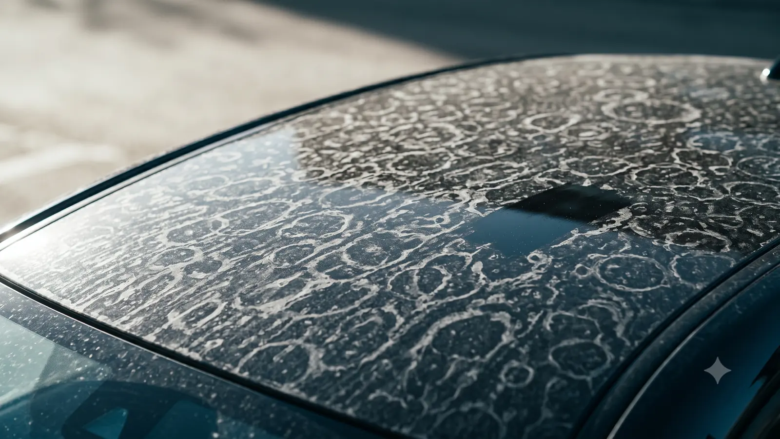 Overlapping rings of dried mineral water spots covering the dark paint of a car panel