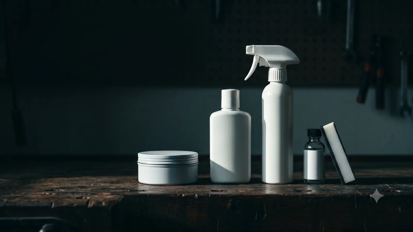 Unbranded wax tin, sealant bottle, spray bottle and small coating vial lined up on a dark workbench