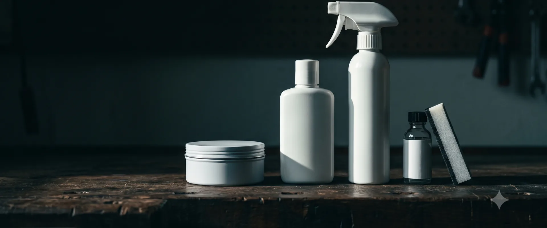 Unbranded wax tin, sealant bottle and spray bottle arranged on a dark workbench in low side light