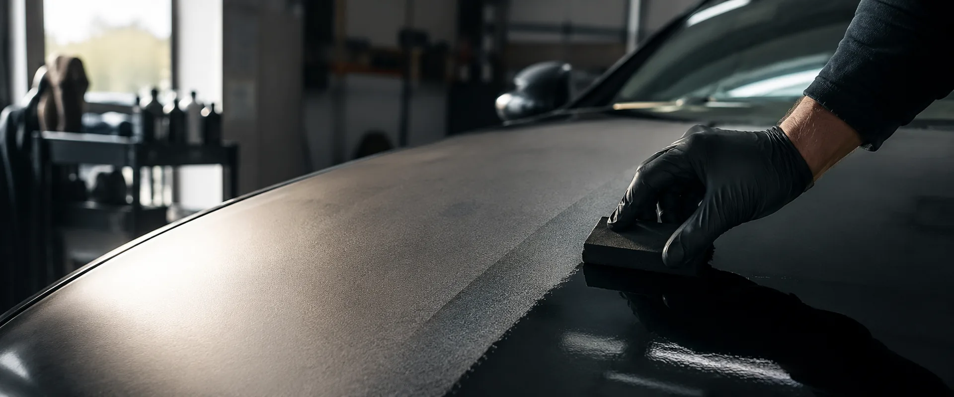 Gloved hand spreading coating across a dark car bonnet with a foam applicator, the treated section reflecting more sharply than the untreated paint beside it