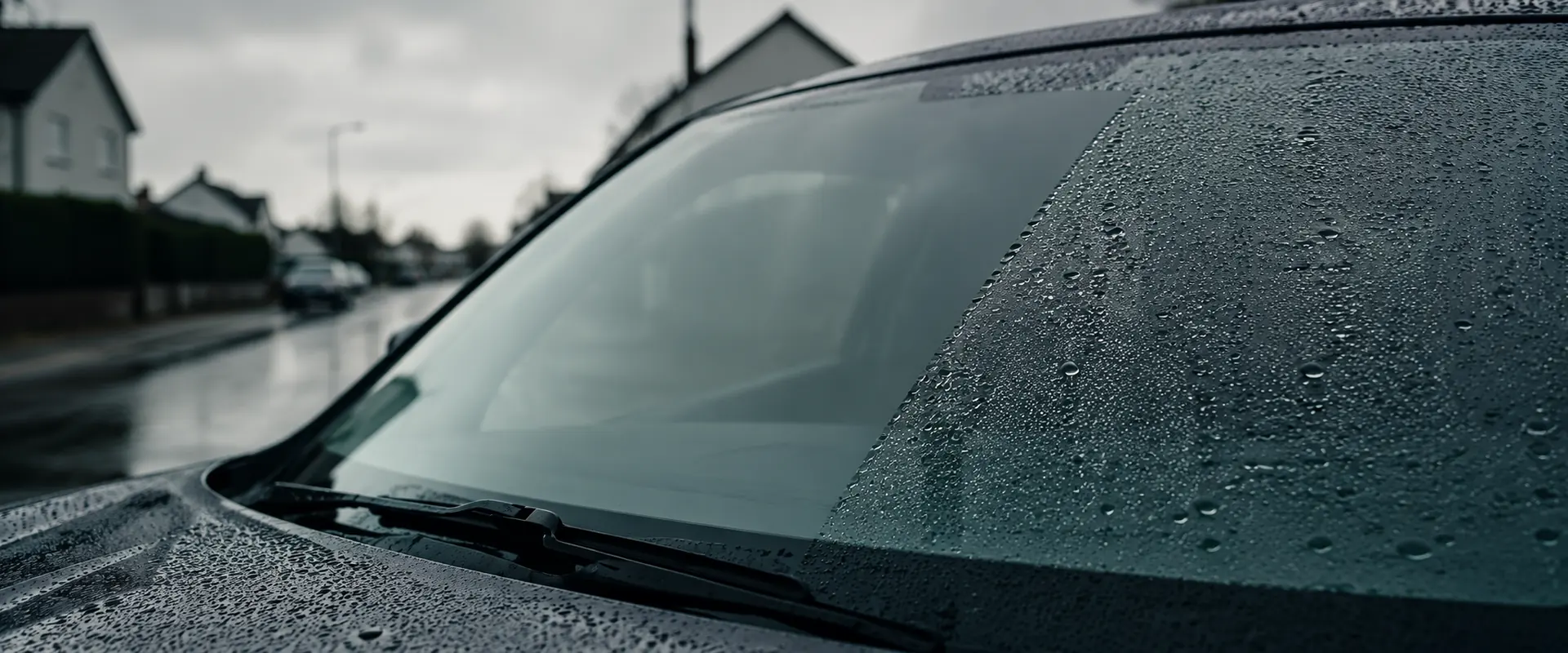 Rain beading and sheeting off the windscreen of a dark car parked on a wet street under overcast sky