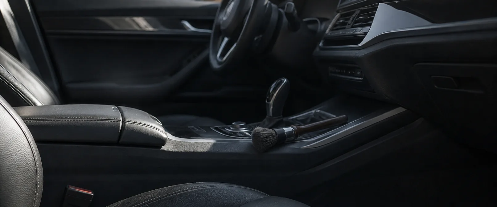 Driver side of a dark leather car cabin photographed from the open door, with a detailing brush resting on the centre console beside the gear selector