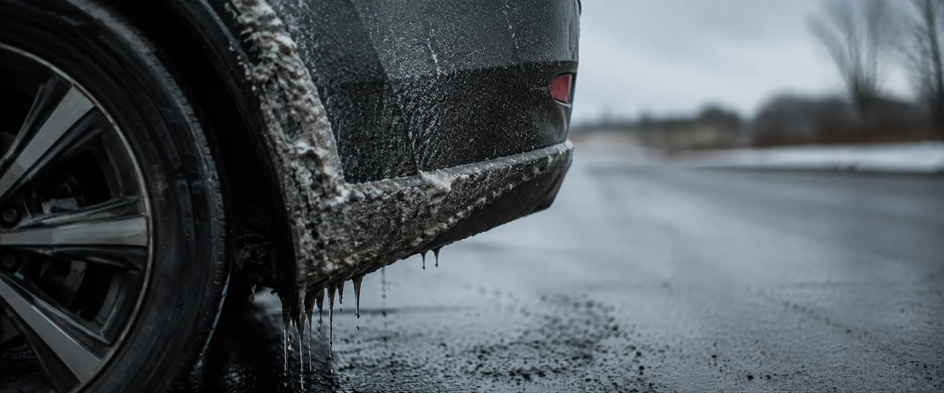 Rear quarter panel and wheel arch of a dark car caked in white winter road salt, with meltwater icicles dripping from the sill