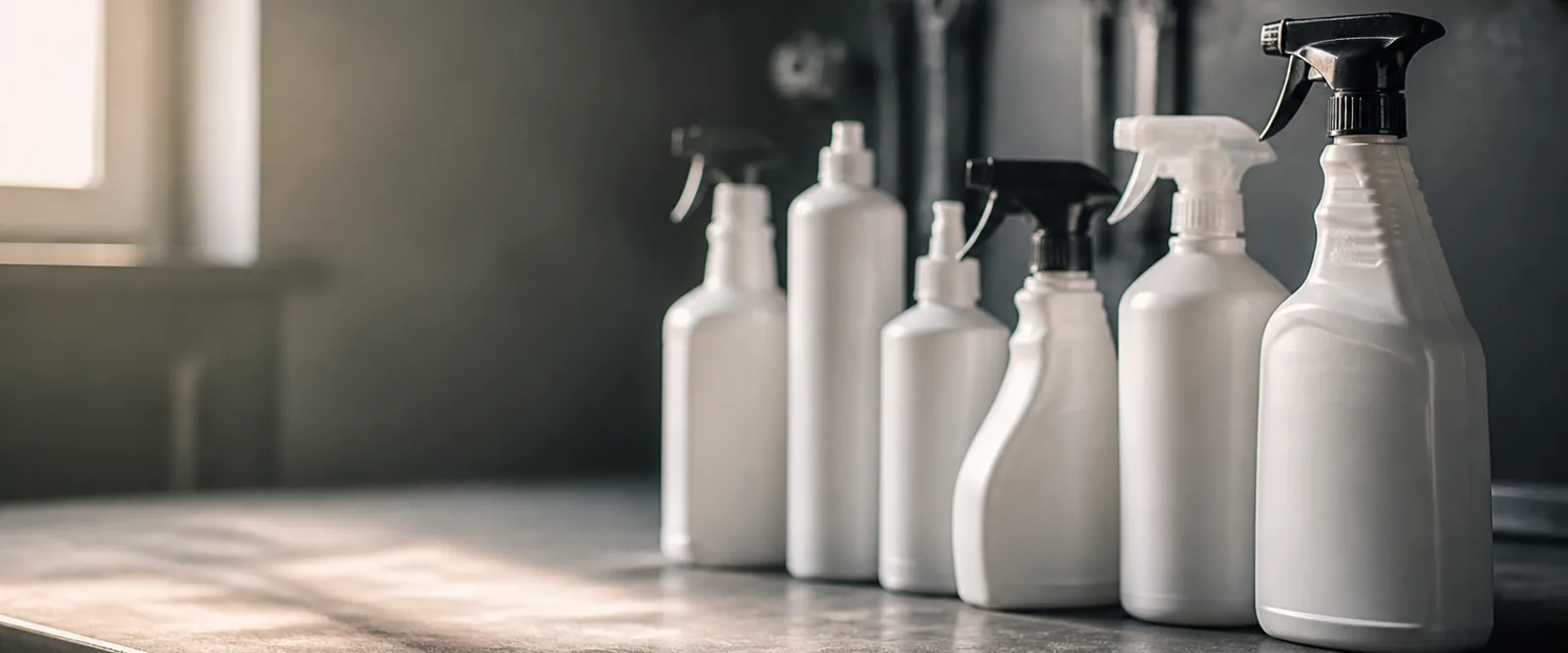 Row of anonymous spray bottles of different heights on a dark workbench in soft morning light