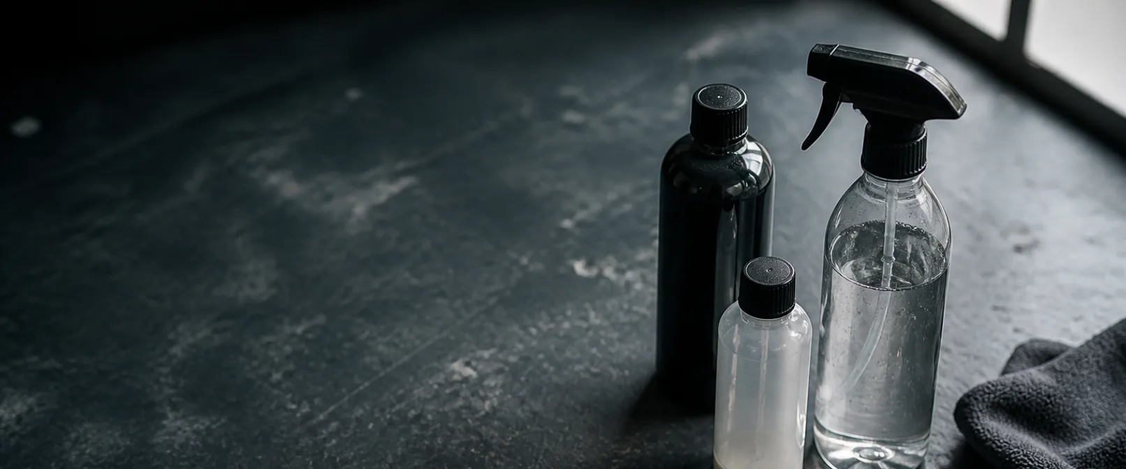 Unbranded detailing bottles and a foam applicator on a dark workbench in cool side light